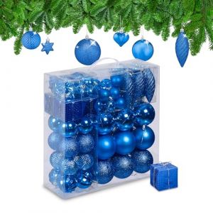 Relaxdays Boules de Noël, Lot de 110, en Plastique, D : 6 cm, décoration de Sapin, avec Guirlande, Bleues