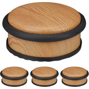Relaxdays Butoir de porte, lot de 4, lourdes portes, acier inoxydable, caoutchouc, plat, aspect boisé HxD 5x10,5 cm, marron clair