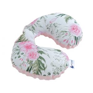 Medi Partners NECK PILLOW Repose-cou pour enfants 100% Coton/Minky Coussin cervical pour bébé pour poussette Voyage en voiture Voyager sommeil cou oreiller Sleeping roll (Fleurs avec minky rose clair)