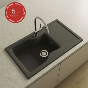 Evier à encastrer POALGI - City 331 - Granit - Noir Basalt - 86 cm - 1 bac et 1 égouttoir