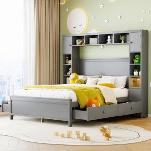 Lit double Lit enfant Lit ados 140 x 200 cm en bois avec 4 tiroirs et grand placard de rangement, gris
