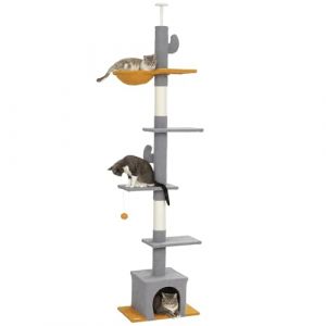 Pawhut Arbre à chat - 275H cm - du sol au plafond - 6 niveaux pour chat dintérieur - plate-formes niche hamac balle - gris clair