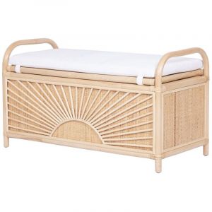 Banc coffre en rotin tress&eacute; avec coussin - L.91 x P. 43 x H. 51 cm - Naturel - SOLEYA