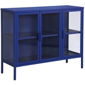 Buffet industriel m&eacute;tal et verre tremp&eacute; 3 portes 100cm bleu - Arkansas