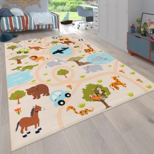 Paco Home - Tapis Chambre Fille Garcon Jungle Singe Motif Lion Antidérapant Crème Vert Jaune 160 cm rond