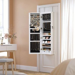 Songmics Armoire À Bijoux, Meuble De Rangement Mural Pour Colliers, Boucles D'oreilles, Avec Miroir, Verrouillable, Blanc