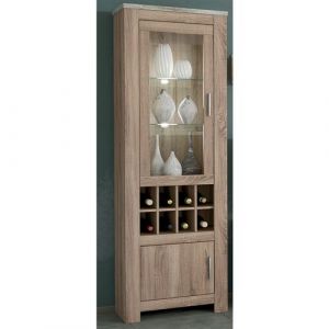 Pegane Armoire vitrine, buffet haut coloris Chene truffe, blanc vieilli - Longueur 68 x Profondeur 37 x Hauteur 201 cm -
