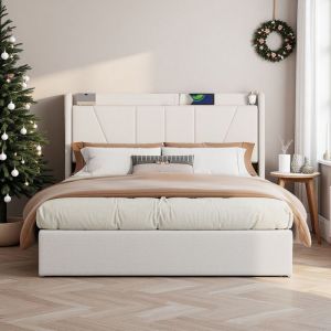 Lit 160x200 cm - tissu en lin - sommier - lit coffre 160x200 cm - beige