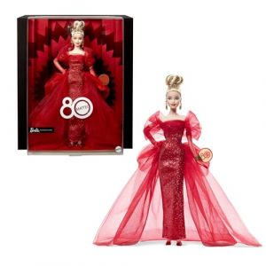 Mattel Spécial 80ème Anniversaire de Poupée emblématique à collectionner dans une robe en tulle rouge pailletée avec pendants d’oreilles et gants transparents, blonde, JBJ17