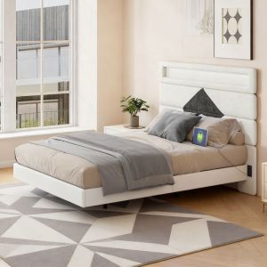 Lit 140x190 cm, LED, tissu velours, cadre de lit adulte, lit flottant, lit double, 140x190 cm, blanc cass&eacute;