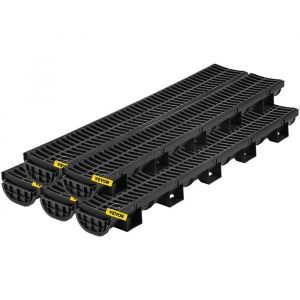 VEVOR Kit Caniveau Ext&eacute;rieur, Lot de 5, Syst&egrave;me de Drainage Tranch&eacute;e Grille en Plastique PEHD 14,5 x 8 x 100 cm, avec 5 Embouts, Connexion &agrave; Embo&icirc;tement, pour Drain Jardin, All&eacute;e, Piscine, Passerelle