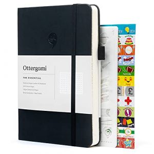 Ottergami Notebook A5 - Carnet de notes à points - Papier épais de haute qualité 100g/m² - 160 pages - Bullet Journal Black Diary - Couverture en cuir végétal noir - Couverture rigide - Bonus : set de 140 autocollants d'agenda