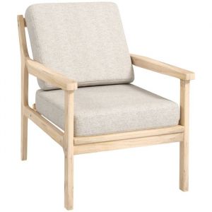 Homcom Fauteuil scandinave accoudoirs tissu effet lin et pieds en bois beige