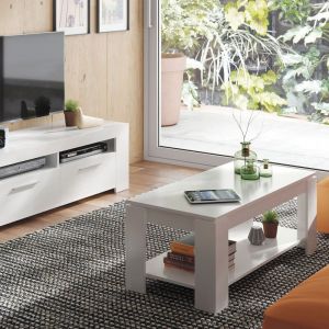 Alter Table basse avec plateau relevable et espace de rangement et étagère inférieure, couleur blanc mat, Dimensions 102 x 43