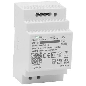 LETTEL - Alimentation 230Vca/12Vcc, puissance 54W. Fixation rail-din, largeur 3 modules. - AMP3-54-12