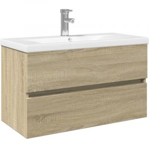 VidaXL Ensemble de meubles de bain 2pcs c&eacute;ramique et bois d'ing&eacute;nierie, armoire de salle de bain, meuble de salle de bain, meuble de vestiaire