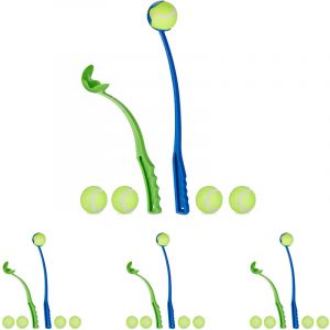 Relaxdays 8 x Ballschleuder für Hunde, Ballwerfer Set, inklusive 20 Tennisbälle, Ballwurfarm, Hundespielzeug Werfer, blau/grün