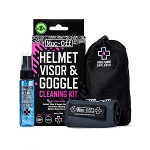 Muc-Off Kit de nettoyage pour Casque, Visière et Lunettes - 30 ml - Nettoyant pour Équipement Moto Antibactérien et Biodégradable et Chiffon en Microfibres de Première Qualité