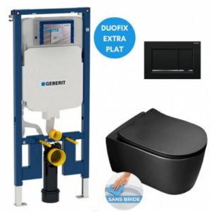 Image de Geberit Pack WC Bâti-support extra-plat + WC sans bride Alfa avec fixations invisibles noir mat + Abattant softclose + Plaque noire