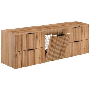 Furnidea - Meuble suspendu sous vasque ADEL CH&Ecirc;NE 160 cm avec panier &agrave; linge et plan - 2 tiroirs - Fa&ccedil;ades rainur&eacute;es