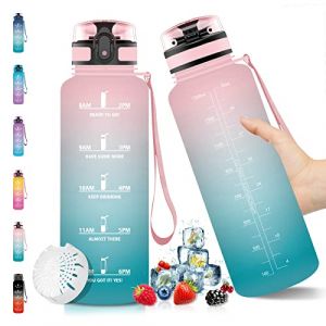 Vikaster Bouteille d'eau, Gourde sport en Tritan 1,5 litre BPA free, 1500ml Gourde Sport, Étanche & Réutilisable, avec Filtre et Marqueur Temps, Bouteille sport vélo, Gym, enfants, sport Rose/Cyan