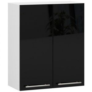 Meuble de cuisine haut AKORD W60 OLIWIA modulable Blanc 60 cm 2 portes fa&ccedil;ade Noir Brillant 2 &eacute;tag&egrave;res 60x30x72 cm