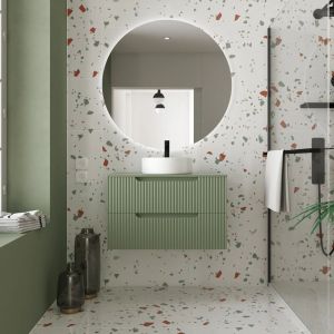 Aurlane Meuble de Salle de Bains LEON 80cm Vert Olive - 2 Tiroirs en MDF Ondulés - Vasque Ronde Ø36cm