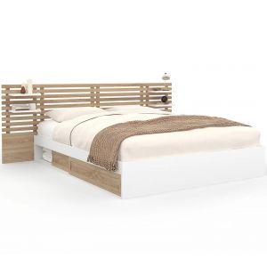 Idmarket Lit Double Savana Avec Tête De Lit, Chevets, Rangements Et Sommier 160 X 200 Cm Façon Hêtre Et Blanc