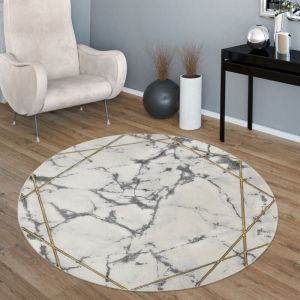 Paco Home - Tapis de salon Motif Marbre Gris Or 3-D Haute Qualité tapis a poil ras 160 cm rond