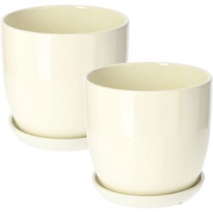 Lot de 2 pots de fleurs en céramique pour fleurs et plantes - Diamètre : 20 cm - Avec bac d'égouttement - Beige - Kotarbau
