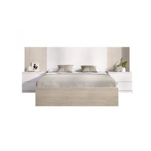 Lit adulte avec chevets intégrés LOMA - 140 x 190 cm - Chêne naturel / Blanc