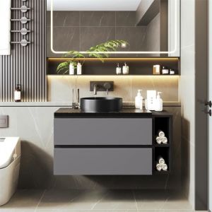 Meuble de salle de bain avec vasque simple, évier en céramique, avec 2 portes et 2 compartiments, 80x44x48.5cm noir et gris