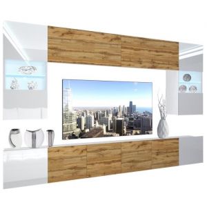 Unité Murale TV - BELINI - NEX 1 - Blanc Très Brillant - Chêne Wotan - LED Inclus