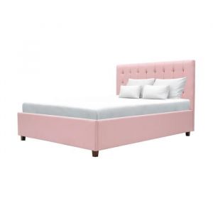 Image de EMILY Lit adulte 140 x 190 cm + coffre de rangement - Tissu rose pastel - Sommier inclus