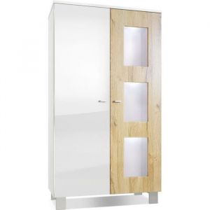 Vitrine Armoire haute Commode Denjo en Blanc mat - haute brillance - Porte en Chêne Nature avec éclairage led - Porte en Chêne Nature avec éclairage