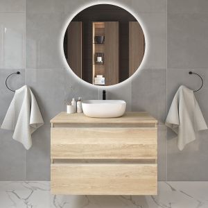 Meuble de salle de bain 2 tiroirs avec vasque à poser arrondie balea et miroir rond Led solen - 70cm