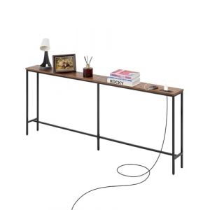 VEVOR Table Console étroite pour canapé, 180 cm, Table d'entrée Longue avec Prises de Courant, Console Meuble à 1 Niveau, avec Cadre en métal et Station de Charge, pour Couloir, Salon, Marron et Noir