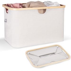 HENNEZ Panier Linge pliable 60 l Gris clair - Panier Linge tissu bord bambou - Panier Linge plat - Panier Linge portable