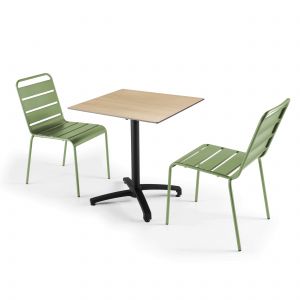 Oviala Ensemble table de jardin stratifi&eacute; chene naturel 2 chaises vert cactus