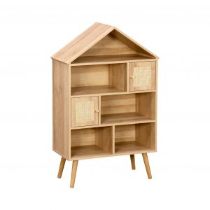Sweeek Etagère bibliothèque effet bois pieds en pin 7 compartiments et 2 portes en cannage