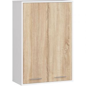 Akord - Armoire salle de bains suspendue fin Blanche 64 cm 2 portes pleine Chêne Sonoma 4 étagères 64x30x94 cm
