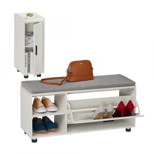 Relaxdays Banc à Chaussures avec Assise et Armoire, Ensemble Meuble à Chaussures avec Banc, Espace de Rangement, Couloir et Chambre à Coucher, Blanc/Gris