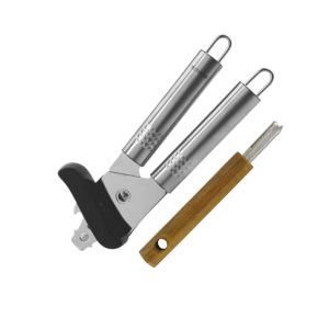 Fackelmann 9943650 Duo Ouvre Boite Manuel et Tire-languette, Ouvre-Boîte, Ouvre Conserve, Tire languette, Acier Inoxydable, Plastique, Bois, Inox, Argent, Noir, Brun, 20,5 x 5,5 x 4,5 cm