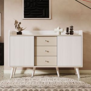 Buffet bas Meuble de rangement avec 3 tiroirs et 2 portes coulissantes, pour chambre et salon, Bois blanc-beige, 117.5 x 40 x 80 cm