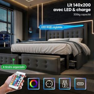 Oem Lit Capitonn&eacute; 140x200 avec Rangement - LED Ambiance et Ports USB - 4 Grands Tiroirs - Structure Renforc&eacute;e 300kg - Gris Lin
