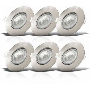 Lot de 6 spots à encastrer IP23 ultraplats 24mm, orientables et dimmables, Ø90mm, nickel mat, éclairage plafond encastrable, platines led 5W, 460Lm,