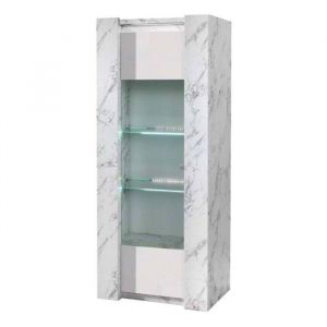 Prava - Vitrine 1 Porte Gauche Laquée Blanc et Effet Marbre avec Leds