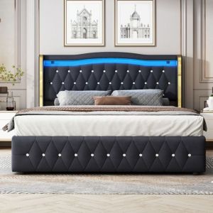 Lit Coffre Double 160x200 - JAERLIUB - Velours Noir - Rangement Hydraulique - LED Couleur - Pieds Stables