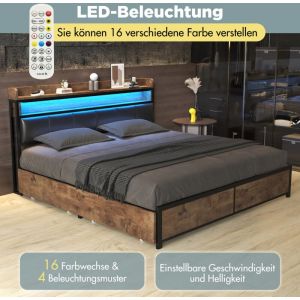 Lit avec tiroirs Lit double capitonné 140 x 200 cm en pu avec sommier à lattes et tête de lit, avec 4 tiroirs et usb, ​​Noir