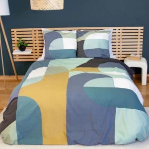 Cot&eacute; D&eacute;co Parure de lit Adulte 100% Coton - Housse de Couette 220x240 cm + 2 Taies d'oreiller 63x63 cm Motif g&eacute;om&eacute;trique Bleu, Jaune et Blanc